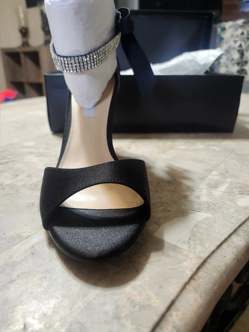 Nina Vinnie-LS  Black Satin Open-Toe Heels with Rinestone Ankle Strap With Bow